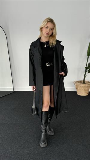 Astarlı Bağlama Detaylı Suni Deri Trençkot Siyah