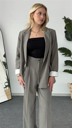Astarlı Kolları Çizgili Blazer Ceket Haki