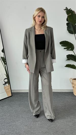 Astarlı Kolları Çizgili Blazer Ceket Haki