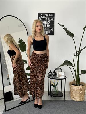 Bağlama Ve Yırtmaç Detaylı Keten Midi Etek Leopar