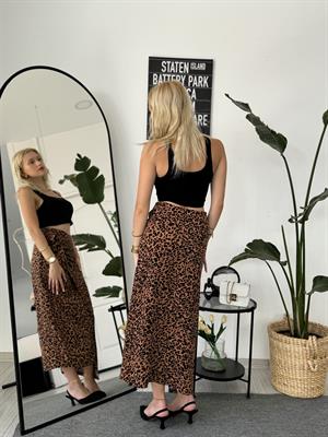 Bağlama Ve Yırtmaç Detaylı Keten Midi Etek Leopar