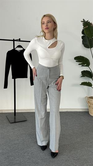 Balıkçı Yaka Fitilli Uzun Kollu Önü Pencere Detaylı Crop Beyaz 