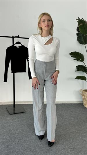 Balıkçı Yaka Fitilli Uzun Kollu Önü Pencere Detaylı Crop Beyaz 