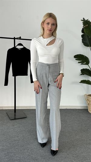 Balıkçı Yaka Fitilli Uzun Kollu Önü Pencere Detaylı Crop Beyaz 