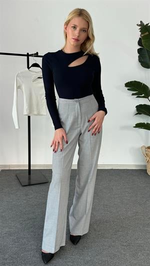 Balıkçı Yaka Fitilli Uzun Kollu Önü Pencere Detaylı Crop Lacivert