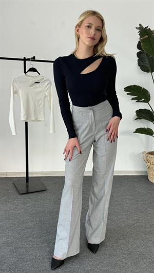 Balıkçı Yaka Fitilli Uzun Kollu Önü Pencere Detaylı Crop Lacivert