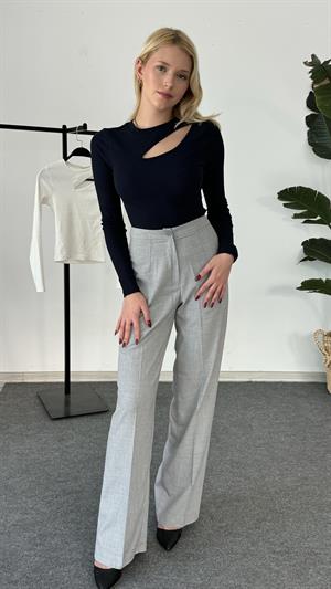 Balıkçı Yaka Fitilli Uzun Kollu Önü Pencere Detaylı Crop Lacivert