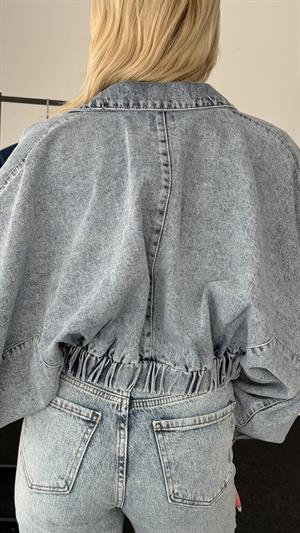 Balon Kol Yıkama Detaylı Crop Ceket  Açık Mavi