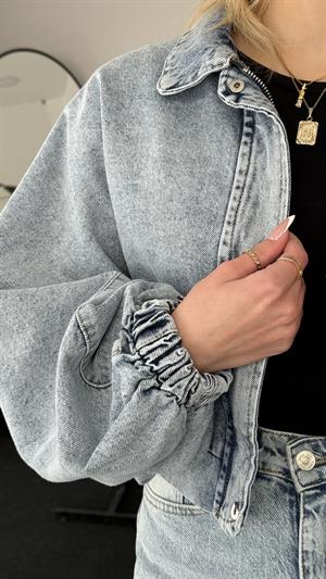 Balon Kol Yıkama Detaylı Crop Ceket  Açık Mavi