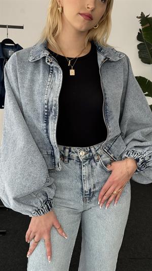 Balon Kol Yıkama Detaylı Crop Ceket  Açık Mavi