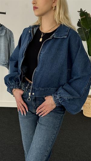 Balon Kol Yıkama Detaylı Crop Ceket  Mavi