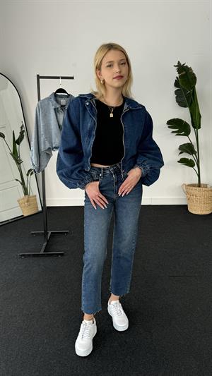 Balon Kol Yıkama Detaylı Crop Ceket  Mavi