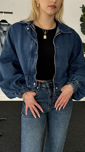 Balon Kol Yıkama Detaylı Crop Ceket  Mavi