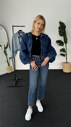 Balon Kol Yıkama Detaylı Crop Ceket  Mavi