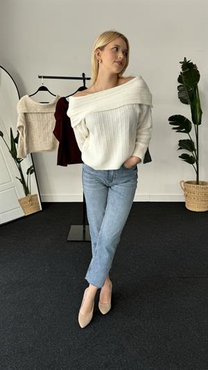 Bardot Yaka Kol Yırtmaçlı Fermuarlı Triko Hırka Ekru