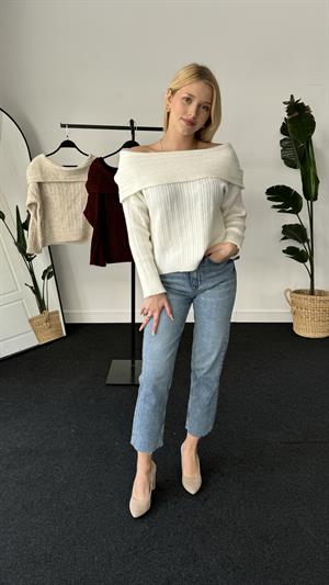 Bardot Yaka Kol Yırtmaçlı Fermuarlı Triko Hırka Ekru