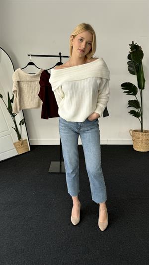 Bardot Yaka Kol Yırtmaçlı Fermuarlı Triko Hırka Ekru