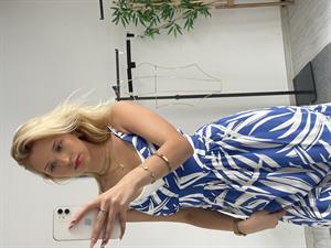 Bel Lastikli Desenli  Viskon Elbise Mavi 