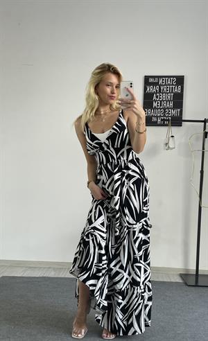 Bel Lastikli Desenli  Viskon Elbise Siyah 