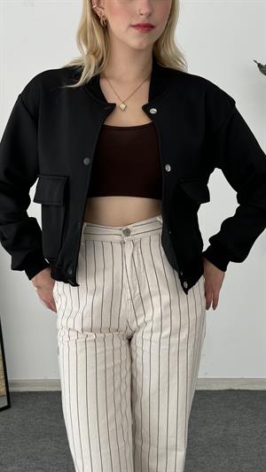 Bel Ve Kol Lastikli Bomber Ceket Siyah 