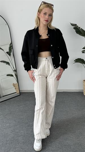 Bel Ve Kol Lastikli Bomber Ceket Siyah 