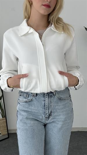 Bel Ve Kol Lastikli Çizgi Detaylı Bomber Ceket Beyaz 