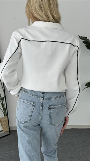 Bel Ve Kol Lastikli Çizgi Detaylı Bomber Ceket Beyaz 