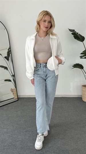 Bel Ve Kol Lastikli Çizgi Detaylı Bomber Ceket Beyaz 