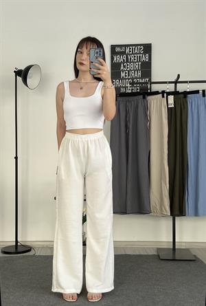 Beli Lastikli Bol Paça Keten Pantolon Beyaz