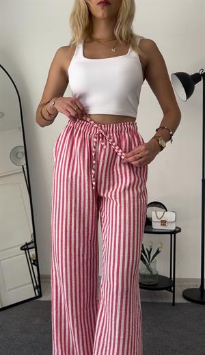 Beli Lastikli Bol Paça Keten Pantolon Çizgili Pembe