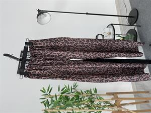 Beli Lastikli Bol Paça Keten Pantolon  Leopar Desenli Kahverengi