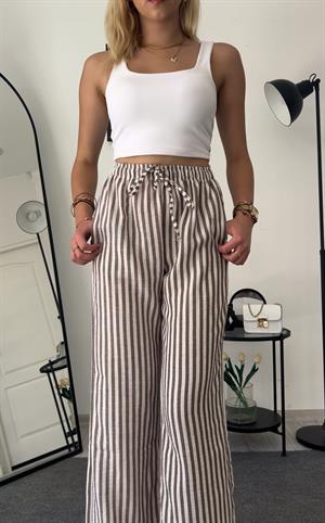 Beli Lastikli Bol Paça Keten Pantolon Çizgili Kahverengi