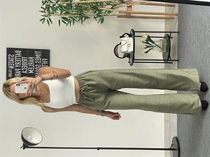 Beli Lastikli Bol Paça Keten Pantolon Yeşil