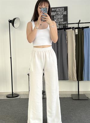 Beli Lastikli Bol Paça Keten Pantolon Beyaz