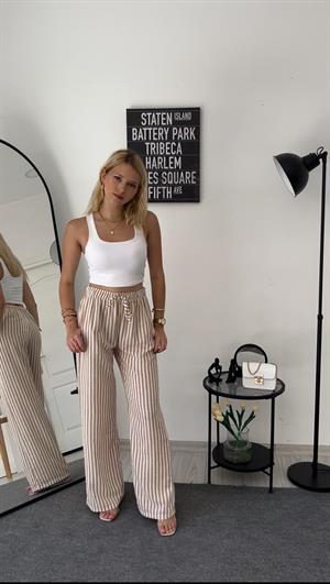 Beli Lastikli Bol Paça Keten Pantolon Çizgili Taş