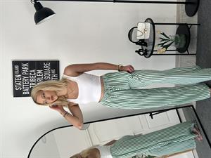 Beli Lastikli Bol Paça Keten Pantolon Çizgili Yeşil