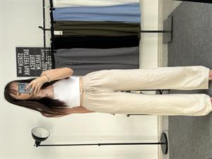 Beli Lastikli Bol Paça Keten Pantolon Krem 