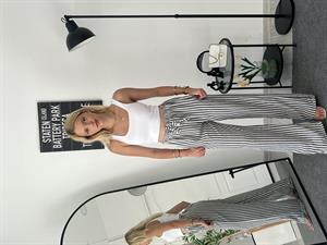 Beli Lastikli Bol Paça Keten Pantolon Çizgili Siyah 