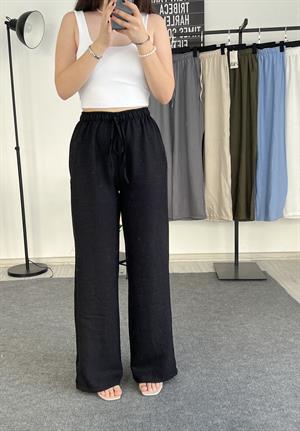 Beli Lastikli Bol Paça Keten Pantolon Siyah