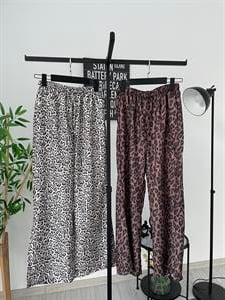 Beli Lastikli Bol Paça Keten Pantolon  Leopar Desenli Taş