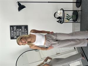 Beli Lastikli Bol Paça Keten Pantolon Çizgili Kahverengi