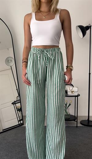 Beli Lastikli Bol Paça Keten Pantolon Çizgili Yeşil