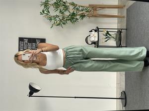 Beli Lastikli Bol Paça Keten Pantolon Mint Yeşili