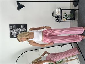 Beli Lastikli Bol Paça Keten Pantolon Çizgili Pembe