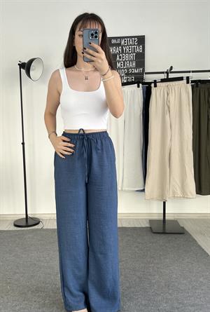 Beli Lastikli Bol Paça Keten Pantolon Lacivert 