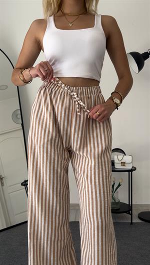 Beli Lastikli Bol Paça Keten Pantolon Çizgili Taş