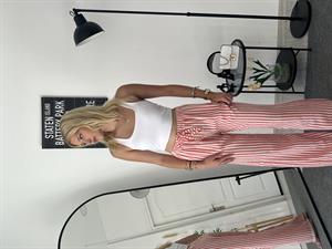 Beli Lastikli Bol Paça Keten Pantolon Çizgili Kırmızı