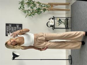 Beli Lastikli Bol Paça Keten Pantolon Taş