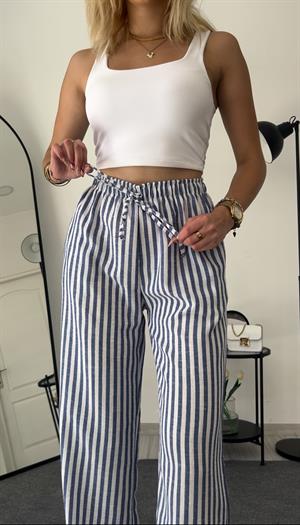 Beli Lastikli Bol Paça Keten Pantolon Çizgili Lacivert