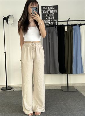 Beli Lastikli Bol Paça Keten Pantolon Krem 